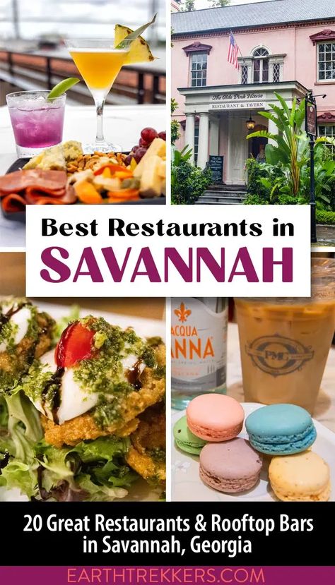 Best restaurants and rooftop bars in Savannah, Georgia. Includes the Olde Pink House, Mrs. Wilkes Dining Room, The Grey, Alligator Soul, Leopold's Ice Cream, The Collins Quarter, Fox & Fig, and many more. Earth Trekkers, Georgia Food, Best Sweets, Rooftop Bars, Restaurant Guide, Pink House, Dessert Options, Dinner Options, Travel Spots