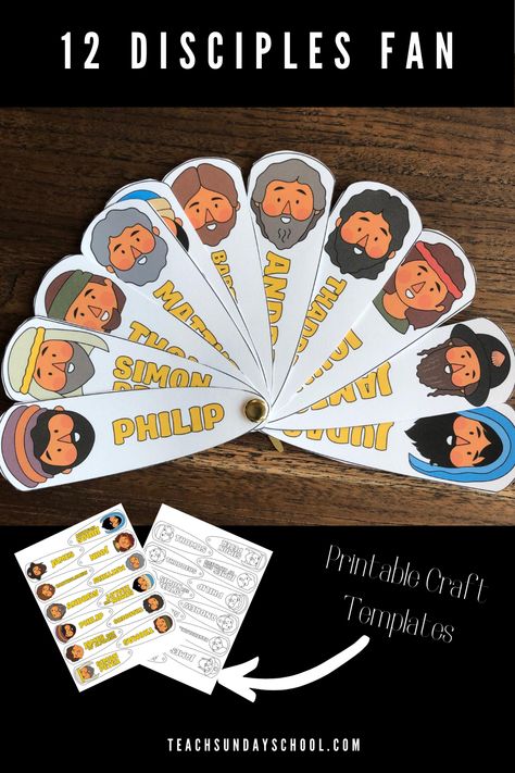 12 Disciples Fans to help kids remember the stories, names, and lessons.  Craft templates available on website- you can print in color or black and white. 12 Disciples Craft, Disciples Craft, Craft Games, 12 Disciples, Sunday School Projects, Bible Crafts Sunday School, Kids Sunday School Lessons, Sunday School Classroom, Children's Church Crafts