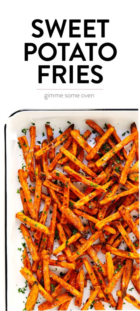 The BEST Sweet Potato Fries Recipe! | Gimme Some Oven: This Baked Sweet Potato Fries recipe is ultra-crispy, easy to make, perfectly seasoned, and guaranteed to disappear pretty much...immediately. :) Oven Roasted Sweet Potato Fries, Best Sweet Potato Fries, Best Baked Sweet Potato, Fries Healthy, Sweet Potato Fries Recipe, Best Sweet Potato, Oven Roasted Sweet Potatoes, Baked Sweet Potato Fries, Sweet Potato Recipes Fries