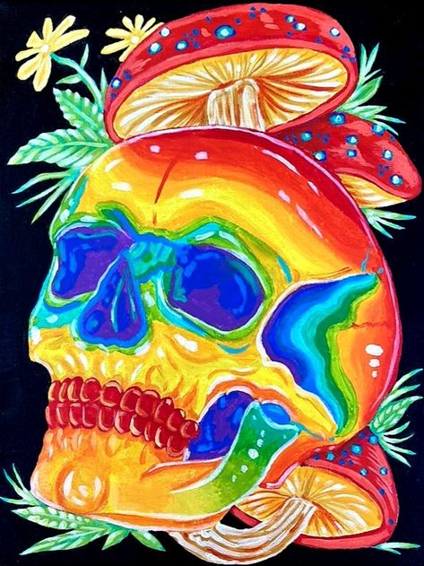 Neon Mushroom Painting, Trippy Skeleton Drawing, Shroom Painting Trippy, Rainbow Skull, Neon Skull Painting Canvas, Spongebob Drawings, Trippy Skull Painting, Skeleton Drawings, Black Paper Drawing