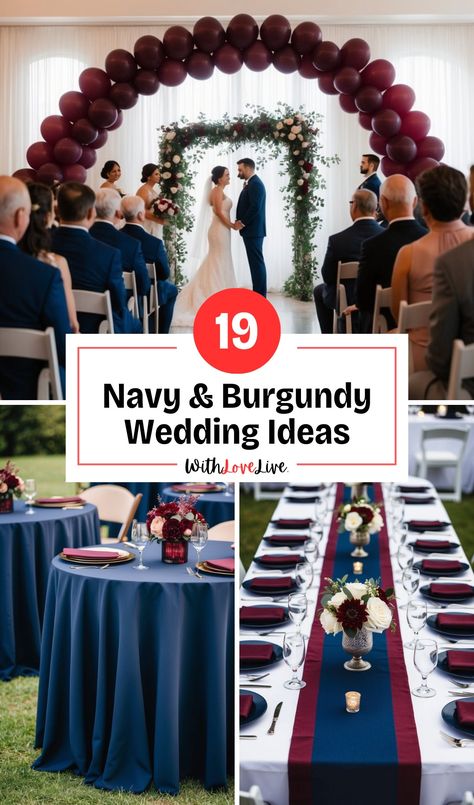 I'm excited to share some beautiful navy and burgundy wedding decor ideas. These two rich colors make a stunning combination that adds elegance and drama to any wedding style. Navy Blue And Burgundy Wedding Arch, Wedding Burgundy And Navy, Navy Blue Wedding Ideas, Burgundy And Navy Blue Wedding, Burgundy Wedding Decor, Burgundy Wedding Theme, Navy And Burgundy Wedding, Blue Wedding Receptions, Wedding Theme Ideas