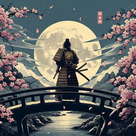 A lone samurai standing on a wooden bridge over a tranquil stream, with cherry blossoms gently falling around him under a large moonlit sky. Cherry Blossom Samurai, Falling Cherry Blossoms, Lone Samurai, Under Moonlight, Moonlit Sky, Cherry Blossom Tree, Blossom Trees, Ethereal Beauty, Cherry Blossoms