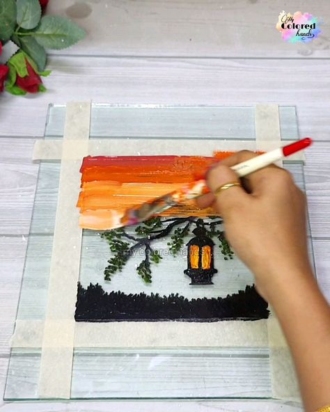 Acrylic painting on glass | Acrylic painting on glass | By My colored hands Glass Painting Tutorial, Glass Acrylic Painting, Reverse Glass Painting, Painting On Glass, Glass Crafts, Painting Tutorial, Glass Painting, Art Tutorials, Acrylic Painting