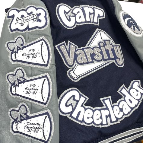 Varsity Jacket Cheerleader, Cheerleading Varsity Jacket, Letterman Jacket Cheerleader, Cheer Team Jackets, Cheerleading Letterman Jackets, Cheerleader Letterman Jacket, Highschool Letterman Jacket, Varsity Cheer Jacket, Cheer Letterman Jacket Ideas