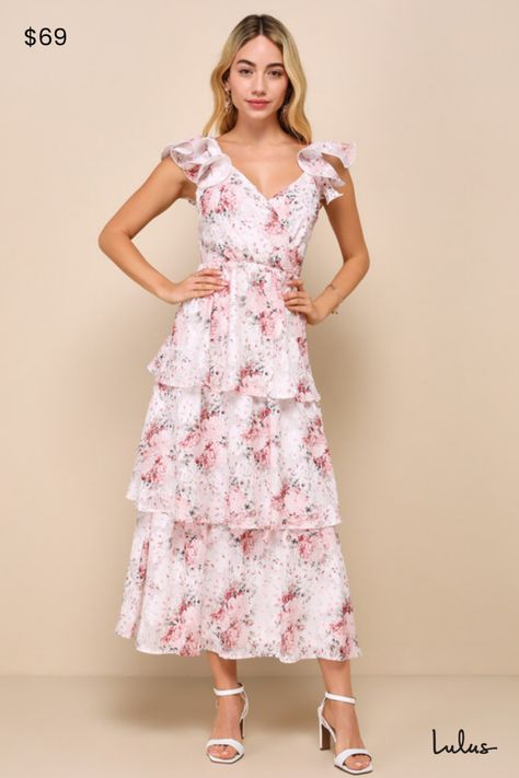 We've got a serious crush on the Lulus Adorable Direction Ivory Floral Burnout Tiered Midi Dress! Lightweight woven fabric, with a sweet floral print, burnout accents, and subtle tonal checkered design, shapes this darling dress. Slender straps boast ruffled accents at the shoulders as they support a surplice bodice with an open back. Fitted waist tops a tiered skirt that cascades to a midi hem. Hidden zipper/clasp at back. Fit: This garment fits true to size. Length: Ankle length. Size medium measures 51.5" from shoulder to hem. Bust: Great for any cup size. Waist: Fitted - very fitted at natural waist. Hip: Not Fitted - fuller skirt allows room for hips. Undergarments: May be worn with an adhesive bra, petals, or no bra. Fabric: Fabric has no stretch. Lined. Shell: 100% Polyester. Lining Design Shapes, Checkered Design, Lulu Fashion, Bridesmaids Dress, Darling Dress, Tiered Midi Dress, Sweet Floral, Bridesmaids Dresses, Guest Outfit