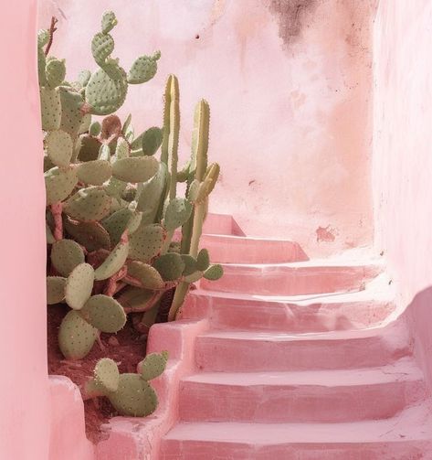 Pink Cactus Wallpaper, Pink In Nature, Pink Staircase, Arizona Aesthetic, Arizona Decor, Rental Home Decor, Pink Desert, Unusual Home, Prickly Pear Cactus