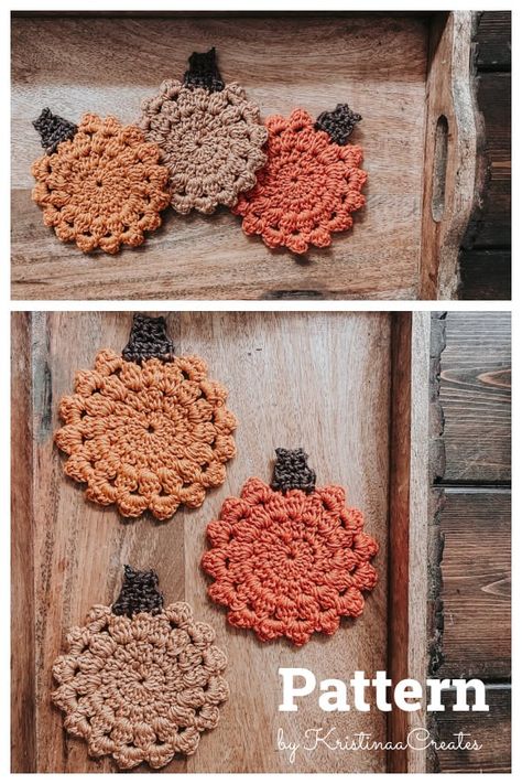 Crochet Fall Coasters, Thanksgiving Crochet Patterns, Fall Crochet Projects, Pumpkin Coasters, Thanksgiving Crochet, Coaster Crochet, Crochet Coasters Free Pattern, Fall Crochet Patterns, Fall Crochet