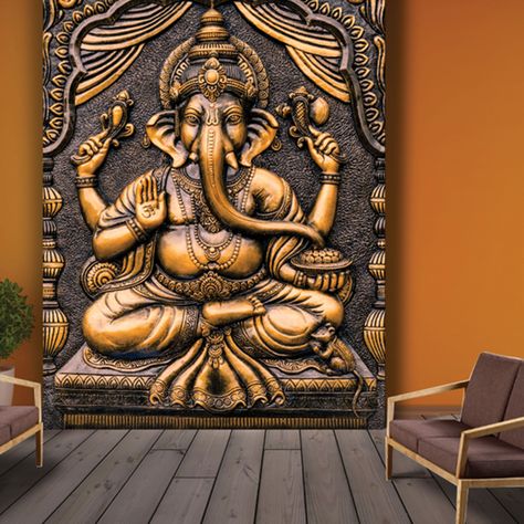 Bring new spirit and positive energy into your house with 'The Bronze Ganesha' wall mural.  call us at +91 9167323355 for customization. Lord Ganesha House Elevation, Wallpapers Paintings, Ganesha Wall Art, Wall Print Design, Clay Ganesha, Buddha Home Decor, Relief Painting, Unique Wallpapers, Mural Art Design