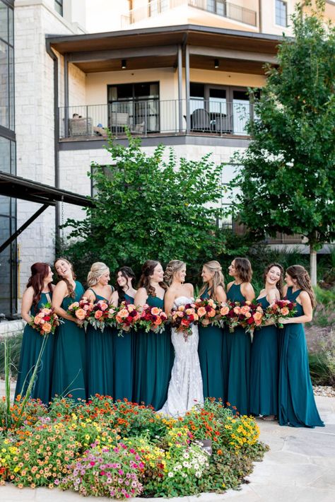 Dusty Teal Bridesmaid Dresses, Peacock Blue Bridesmaid Dresses, Teal Blue Wedding Theme, Western Wedding Bridesmaids, Dark Teal Bridesmaid Dresses, Resorts In Texas, April Wedding Colors, Brides Mate Dress, Bridesmaids Green