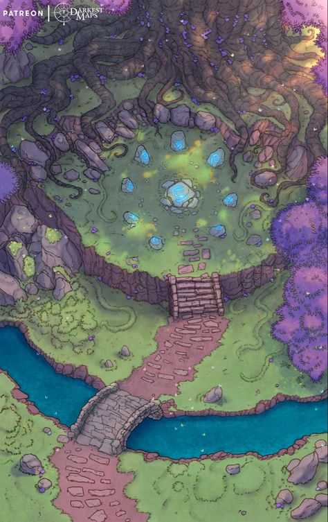 A sacred site awaits you at the druidic circle, where the fey and nature live in harmony. Ancient and powerful magic radiates from the stones and the earth. A warm and welcoming presence invites you to join the celebration. Can you trust it or is it a trap? #ttrpg #battlemap #dndmap Dnd Feywild Map, Roll20 Maps, Pescara Italy, Pathfinder Maps, Fantasy City Map, Fantasy Map Making, Circle Map, Powerful Magic, Dnd World Map