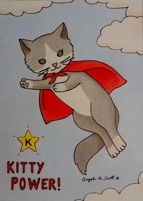 KITTY POWER! My inspired illustration of a cartoon super-hero kitty, caped and flying through the sky with emblem & words. :)  --kitty, cat, feline, flight, flying cat, cute, cartoon, art, illustration, kitty power, cat superhero, love cats, cat lover, pet power, the power of cats, inspirational, fun. Flying Cat Illustration, Cat Superhero, Flying Cat, Happy Wife Happy Life, Super Cat, Cat Dresses, Childrens Stories, A Cartoon, Cat Illustration