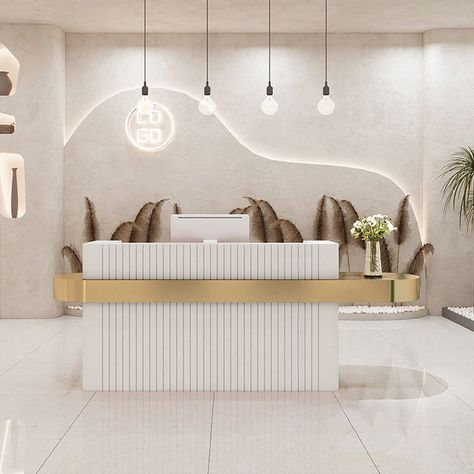 Reception Desk in Store in USA - M2 Retail Stainless Steel Reception Desk, Steel Reception Desk, Small Reception Desk, Curved Reception Desk, Gold Pencil, Reception Desk Counter, Salon Reception Desk, Modern Reception Desk, Modern Spa