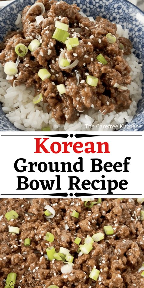 This Korean Ground Beef recipe makes for a simple, delicious meal that the entire family will love. Served in a bowl over your favorite rice, the sweet and spicy ground beef gets its characteristic flavor from a simple sauce made of brown sugar, soy sauce, garlic and ginger. #thecarefreekitchen #korean #groundbeef #beef #rice #asian #easy Beef And Rice Bowl, Korean Beef And Rice, Spicy Korean Beef, Korean Beef Recipes, Soy Sauce Garlic, Korean Ground Beef, Beef Stir Fry Recipes, Ginger Beef, Ground Beef Recipe