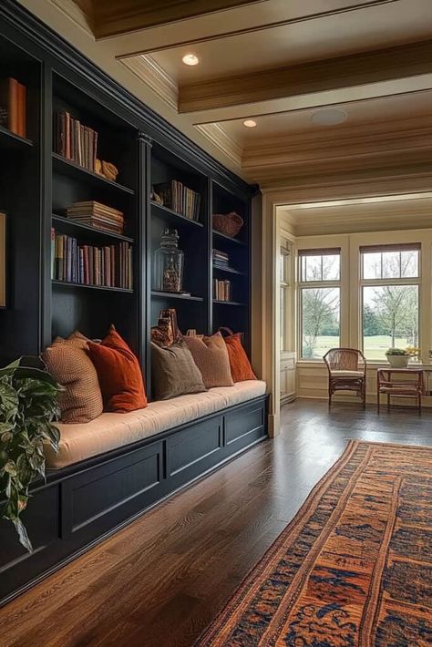 built in living room Library Wall With Tv In Living Room, Living Room Built Ins With Cabinets, Den With Built In Bookshelves, Tv In Bookcase Beside Fireplace, Family Room With Office Area, Living Room Custom Built Ins, Basement Built In Bookshelves, Fitted Furniture Living Room, Paneled Family Room