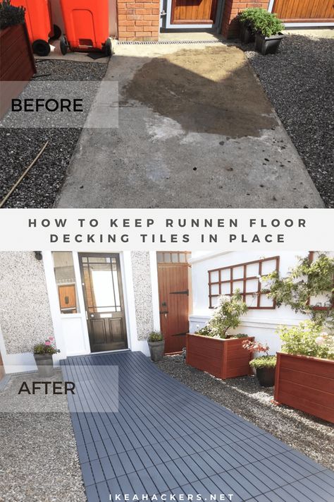 A simple hack to keep the IKEA RUNNEN floor decking tiles in place even in high winds. Easy and cost effective. It works! Ikea Runnen Patio, Ikea Runnen Decking Patio, Ikea Patio Tiles, Decking Tile Ideas, Ikea Tiles Outdoor, Ikea Decking Ideas, Ikea Flooring Outdoor, Ikea Runnen Decking Ideas, Outside Tiles Outdoor Spaces