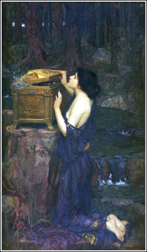 Art by John Waterhouse (1896) - “Pandora.” Waterhouse Paintings, John Waterhouse, Pre Raphaelite Art, Odilon Redon, John Everett Millais, William Adolphe Bouguereau, Boris Vallejo, John William Waterhouse, Pre Raphaelite