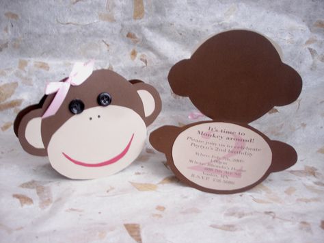 Cut out monkey baby shower invitations with button eyes Monkey Invitations, Monkey Birthday Parties, Monkey Baby Shower, Monkey Birthday, Safari Hat, Jungle Baby Shower, Safari Party, Shaped Cards, Safari Baby Shower