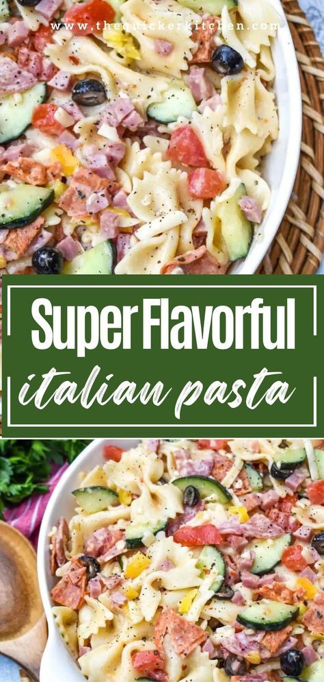 This Italian pasta salad recipe brings all the flavors of an Italian sub into a delicious pasta salad everyone will love as a side dish or even a main! Bowtie pasta gets tossed with a blend of veggies, Italian deli meats, cheese, and a creamy mix of mayonnaise and Italian dressing. Check out this quick recipe at thequickerkitchen.com Pasta Salad Zesty Italian Dressing, Chipped Italian Salad, Italian Noodles Recipes, Chopped Italian Pasta Salad, Deli Pasta Salad Recipes, Pasta Salad With Mayonnaise, Main Dish Pasta Salad Recipes, Bowtie Pasta Recipes Salad, Italian Sub Pasta Salad