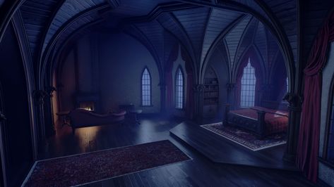 This is Alucard's Bedroom for Castlevania season 3. Castle Bedroom Dark, Witch Rooms Bedrooms, Dark Fantasy Bedroom Concept Art, Castlevania Background, Castlevania Background Art, Medieval Bedroom Concept Art, Royal Bedroom Concept Art, Fantasy Bedroom Art, Bedroom Fantasy Art