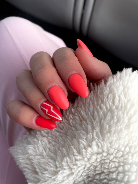 Red Lightning Bolt Nails, Lightning Mcqueen Nails, Coral Spring Nails, Pinkish Nails, Lightning Bolt Nails, Orange Ombre Nails, Fresh Nails, Red Race, Red Lightning