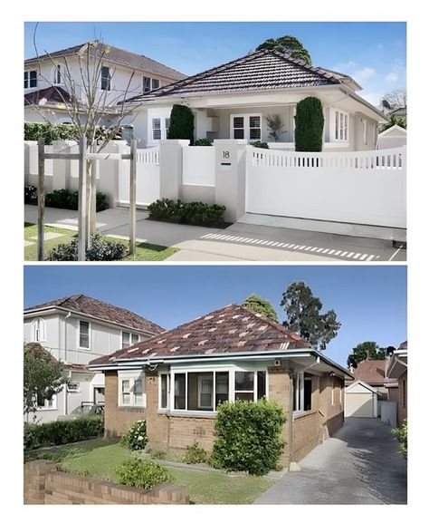 Beautiful Designs Decor Facade Renovation Before And After, Painted Brick House Exterior Australia, Brick Bungalow Exterior Makeover, Australian Brick House Exterior Makeover, Brick Bungalow Exterior, Hampton Style Exterior, Exterior Renovation Before And After, Facade Makeover, Clinker Brick House