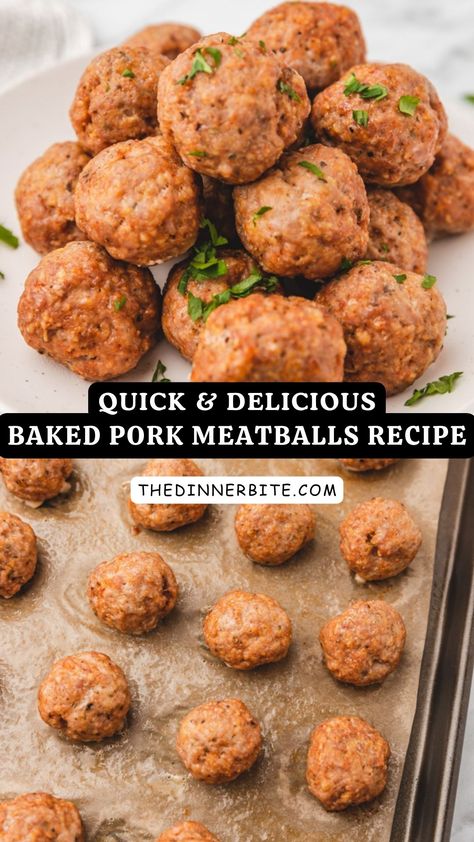 Are you ready to become the ultimate dinner hero? Discover how to create delicious, juicy baked pork meatballs in no time, with our foolproof recipe. Perfect for busy weeknights or special occasions, these meatballs are sure to impress your family and friends. Pork Meatballs Recipe Healthy, Easy Pork Meatballs Recipe, Keto Pork Meatballs, Pork Balls Recipe, Ground Pork Meatball Recipes, Pork Meatball Recipes, Baked Meatball Recipes, Baked Pork Meatballs, Ground Pork Recipes Easy