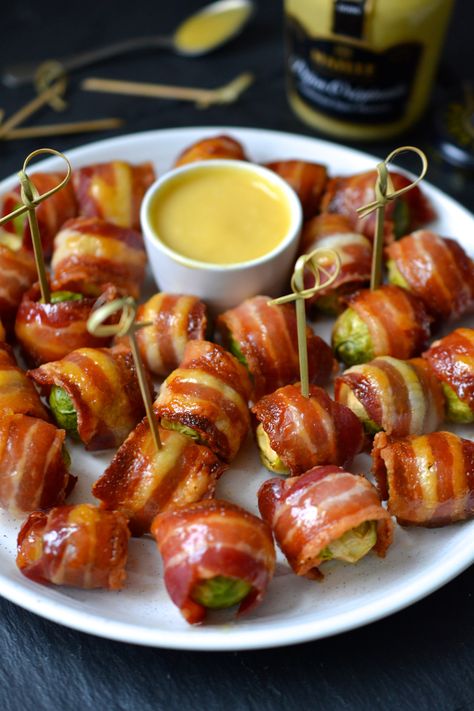 Bacon Wrapped Brussel Sprouts, Honey Mustard Glaze, Bacon Brussel Sprouts, Healthy Grains, Sprout Recipes, Brussels Sprouts Recipe, Grain Free Recipes, Great Appetizers, Party Food Appetizers