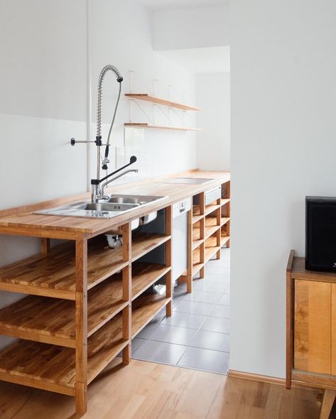 A small low-budget kitchen project in an apartment in vienna - only wood / not glued / rebuildable #woodenfurniture #rebuildable… | Instagram Small Japanese Kitchen Ideas, Self Made Kitchen Cabinets, Small Kitchen No Cabinets, Minimal Wood Kitchen, No Cupboard Kitchen, Cheap Kitchen Build, Temporary Kitchen Ideas, Kitchen Ideas Low Budget, Low Budget Kitchen Ideas