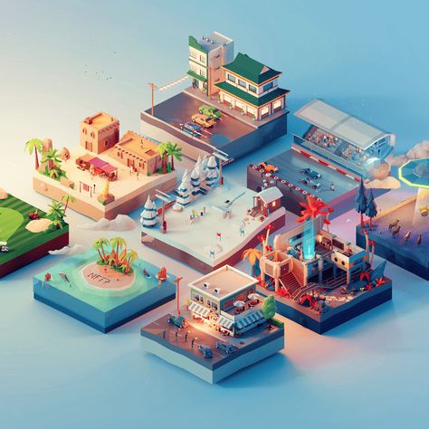 Low Poly Worlds 2. | Behance Low Poly World, Login Screen, Japan House, 3d Pixel, 3d Room, Poly Art, Low Poly Games, City Cartoon, Isometric Art