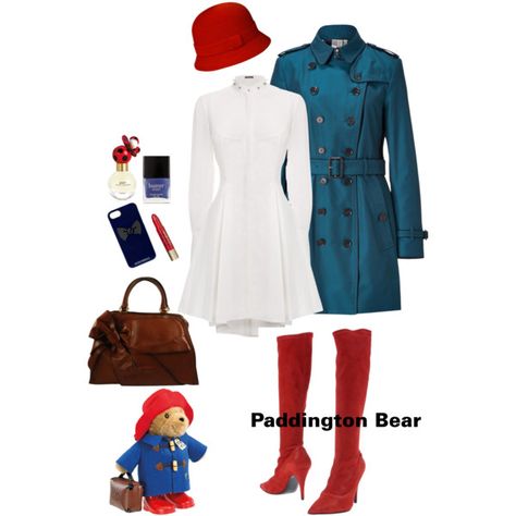 A fashion look from September 2013 featuring cotton mini dress, blue trench coat and spiked heel boots. Browse and shop related looks. Paddington Bear Costume Women, Comicon Cosplay, Christmas Fancy Dress, America Outfit, Blue Trench Coat, Bear Costume, Paddington Bear, Bear Outfits, Costumes For Women