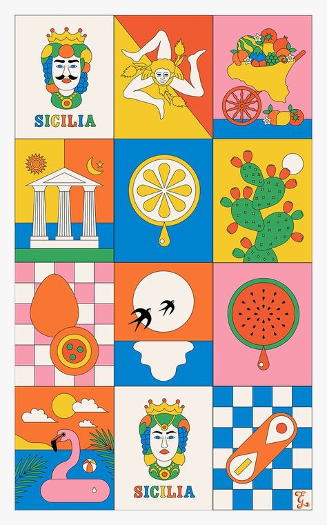 Sicily illustration, graphic design inspiration Italy Illustration, Elements And Principles, Graphics Inspiration, Illustration Graphic Design, Catania, Retro Tshirt, Pottery Painting, Graphic Design Typography, Visual Design