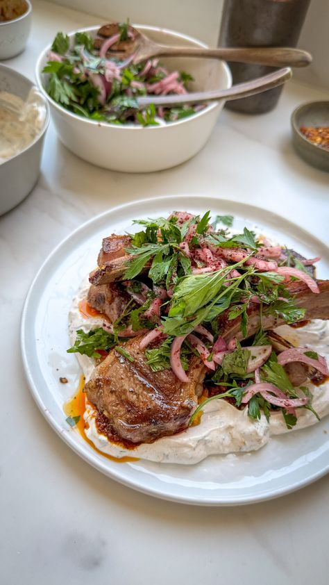 Grilled Lamb Chops with Garlic-Herb Labneh and Parsley Salad - Cooking with Zahra Lamb Chop Recipe, Lamb Salad, Parsley Salad, Marinated Lamb, Grilled Lamb Chops, Lamb Chop Recipes, Lamb Chop, Harissa Paste, Grilled Lamb