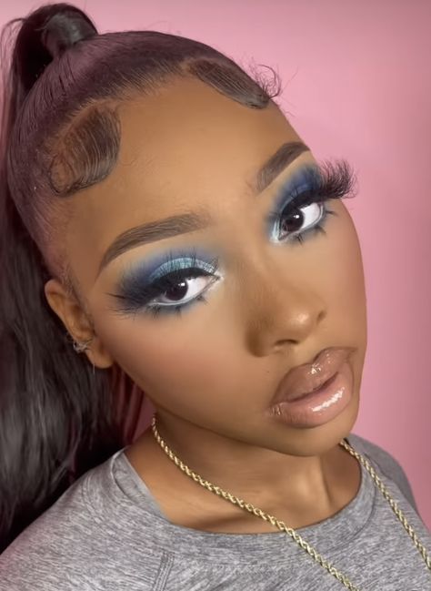 Black Woman Blue Makeup, Blue Natural Makeup Looks, Make Up Looks For Prom Blue Dress, Cute Blue Dress Aesthetic, Natural Blue Makeup Looks Black Women, Blue Lipstick Makeup Black Women, Blue Dress Makeup Black Women, Royal Blue And Black Makeup Looks, Blue And Black Makeup Looks Black Women