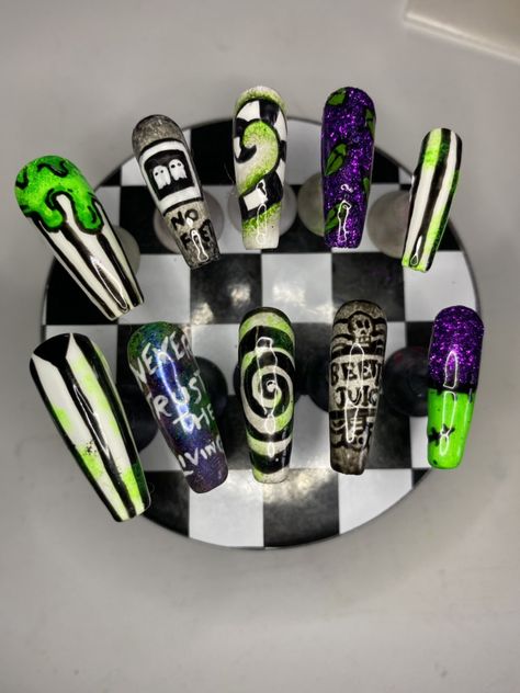 Battle Juice Nails, Beetlejuice Themed Nails, Beetlejuice Halloween Nails, Beetle Juice Nail Art, Beetle Juice Nails Acrylic, Bettle Juice Nail, Beetlejuice Inspired Nails, Bettle Juice Nail Art, Beatle Juice Nail Art