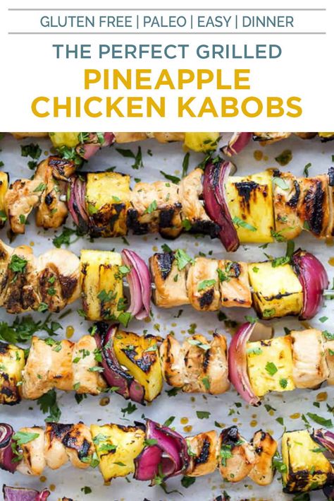 Summer was meant for all things grilled, including this Pineapple Chicken Kabobs recipe These easy chicken kabobs are layered with tender marinaded chicken, juicy pineapple and red onion then finished on the grill to lock in all the flavors! Plus I'm going to show you have to make the a pineapple chicken sauce for the best kabobs ever! #chickenrecipes #kabobs #paleorecipes #grillrecipes Easy Chicken Kabobs, Pineapple Chicken Kabobs, Summer Dinner Recipes Grill, Grilled Pineapple Chicken, Chicken Kabob Recipes, Grilled Chicken Kabobs, Grilling Kabobs, Paleo Chicken Recipes, Kabob Recipes