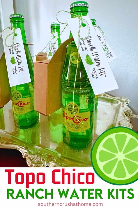 Topo Chico Ranch Water Recipe Kits with Tags https://www.southerncrushathome.com/topo-chico-ranch-water-recipe-kits-with-tags/ Ranch Water Party Favors, Ranch Water Recipe, How To Make Ranch, Ranch Water, Cocktail Decorations, Hotel Welcome Bags, Water Gift, Tequila Bottles, Cocktail Gifts