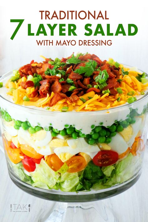 7 Layer Salad, Layer Salad, Mayo Dressing, Seven Layer Salad, Layered Salad Recipes, Vegetarian Salad Recipes, Layered Salad, Salad Pasta, Vegan Salad Recipes