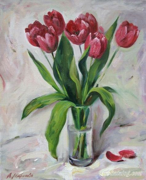 Tulip Painting, Tulips Art, Art Sketches Doodles, Acrylic Painting Flowers, Oil Pastel Paintings, Painting Canvases, Canvas Painting Designs, Watercolor Art Lessons, Nature Art Painting