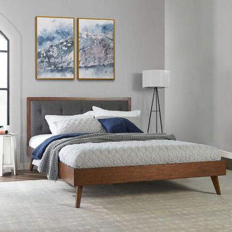 Mid Century Tufted Jackson Upholstered Platform Bed | World Market Modern Beds, Queen Upholstered Bed, Modern Platform Bed, Mid Century Modern Bedroom, Bed Queen, Queen Platform Bed, Modern Bedroom Decor, Tufted Headboard, Upholstered Bed