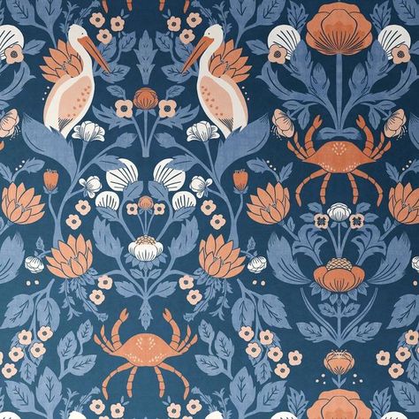 Brenda • Wallpaper + Fabric Designer on Instagram: "If you’re a @spoonflower fan then you probably already know that this weeks design challenge is all about crustacean core 🦀 

There are some amazing designs you can check out over at the #spoonflower website (and even give the designs some 💕) 

This blue pelican crab design is an alt colour way of the design I have included in the challenge. Paired here with a nice #novablue cabinet! 

#wallpaper #coastalwallpaper #bluewallpaper #homedecor #interiordesign #diyhomedecor #pelicans #oceanhomedecor #nauticaldecor #interiordecorating #maximalistinteriors #spoonflowerdesignchallenge @spoonflowerhome #spoonflowerartist" Crustacean Core, Cabinet Wallpaper, Crab Design, Ocean Home Decor, Coastal Wallpaper, Wallpaper Fabric, Crustaceans, Design Challenge, Nautical Decor