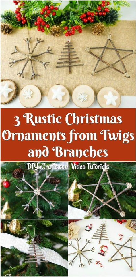 3 DIY Rustic Christmas Ornaments are a perfect addition to your tree this year! Make these adorable little stars, Christmas trees, or snowflakes out of just a few simple twigs, rustic thread, and glue! #christmasornament #ornament #diyornament #homemade #christmasdecor #holidaydecorations Diy Rustic Christmas Ornaments, Diy Rustic Christmas, Twig Christmas Tree, Rustic Christmas Ornaments, Diy Christmas Tree Ornaments, Tree Themes, Rustic Ornaments, Homemade Ornaments, Star Snowflake