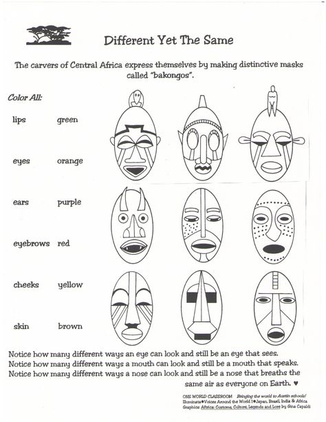 African Art For Kids, Multicultural Art, African Art Projects, Drawings For Kids, Orishas Yoruba, Art Handouts, Mask Drawing, Cultural Art, African Crafts