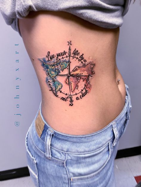 Compas Tattoo Woman, Travel Theme Tattoo, World Globe Tattoos, Feminine Compass Tattoo, Inside Bicep Tattoo, World Travel Tattoos, Lake Tattoo, Black Line Tattoo, Wanderlust Tattoo