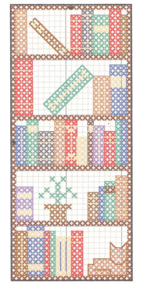 Book Shelf Cross Stitch Pattern, Book Shelf Cross Stitch, Reading Cross Stitch Pattern, Crochet Book Shelf, Crosstitch Bookmark Patterns, Reading Cross Stitch, Embroidery Bookmark Pattern, Embroidery Bookmark Ideas, Bookcase Bookmark