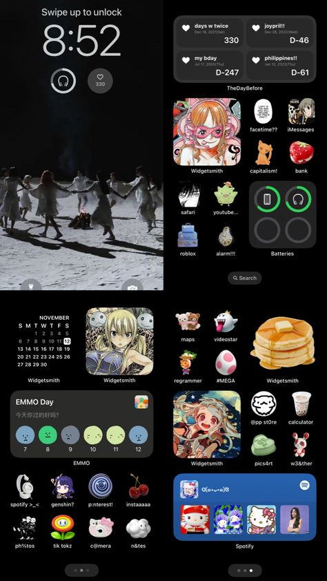 Dark Ios Layout, Dark Homescreen Layout, Dark Homescreen, Homescreen Layout Ideas, Phone Layout Ideas, Iphone Themes, Iphone Ideas, Phone Layouts, Ios Homescreen