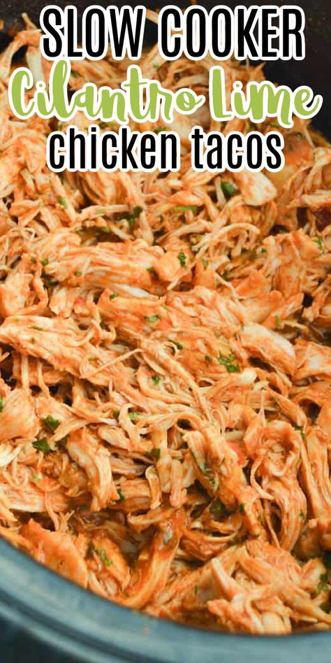 Best Chicken Tacos Recipe Crock Pot, Chicken Lime Tacos Crockpot, Cilantro Lime Chicken Crock Pot Crockpot Recipes, Chicken Cilantro Tacos, Cilantro Lime Chicken Slow Cooker, Chicken Tostadas Crockpot, Shredded Cilantro Lime Chicken, Chili Lime Chicken Crockpot, Cilantro Lime Chicken Tacos Crock Pot