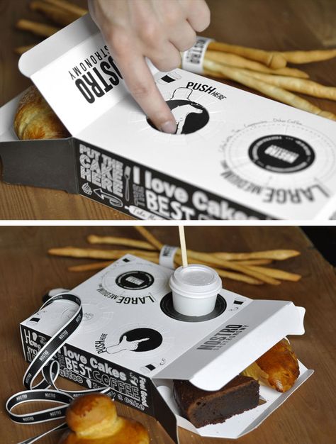 Pastry Box With A Place For Your Coffee Food Delivery Packaging, Burger Packaging, Takeaway Packaging, Smart Packaging, Food Box Packaging, Dessert Packaging, Bakery Packaging, Coffeehouse, Box Packaging Design