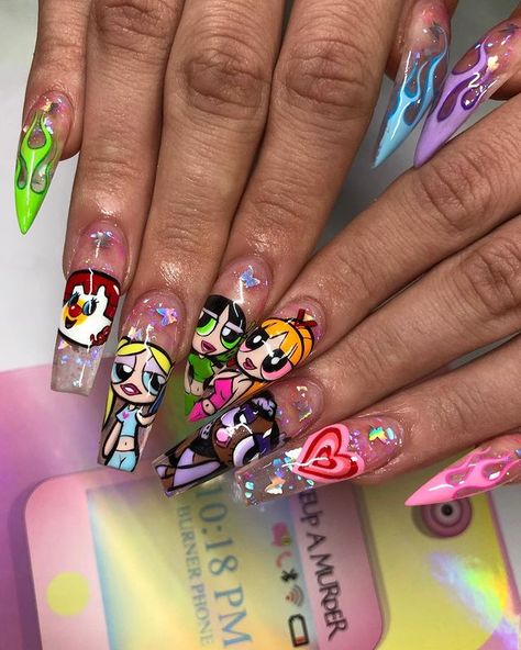 Devin Strebler💗🛸 (@nailz_by_dev) • Instagram photos and videos Burner Phone, Cartoon Nail Designs, Disney Acrylic Nails, Clear Acrylic Nails, Nail Store, Funky Nail Art, Purple Acrylic Nails, Nail Drawing, Airbrush Nails