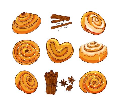 A set of buns with cinnamon and icing su... | Premium Vector #Freepik #vector #cinnamon-roll #sweets #sweet-food #confectionery Cinnamon Bun Illustration, Cinnamon Roll Clipart, Cinnamon Rolls Drawing, Cinnamon Roll Illustration, Cinnamon Roll Drawing, Cinnamon Tattoo, Buns Drawing, Barcelona Drawing, Homemade Recipe Books