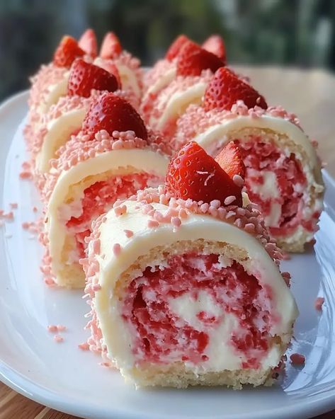 Strawberry Shortcake Cheesecake Rolls Recipe Strawberry Winter Rolls, Shortcake Cake Recipe, Cheesecake Rolls, Strawberry Shortcake Cheesecake, Dessert Sushi, Roll Cakes, Cake Roll Recipes, Strawberry Dessert Recipes, Strawberry Shortcake Recipes